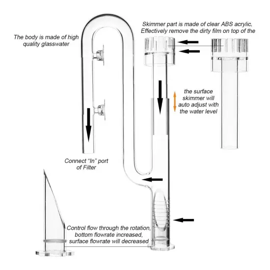 Aquatic Glass Lily Pipe Inflow with Surface Skimmer for Aquarium Filter Tubing