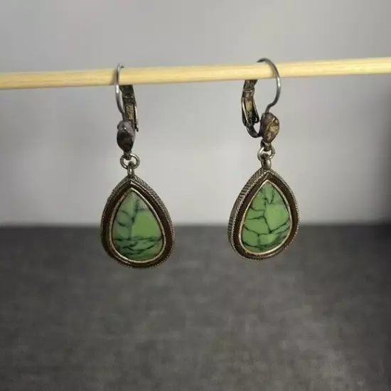 Green Turquoise Teardrop Dangle Earrings, Vintage, Southwestern, Boho, 