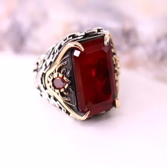 925 Sterling Silver Handmade Authentic Turkish Ruby Men's Ring Size 7-13