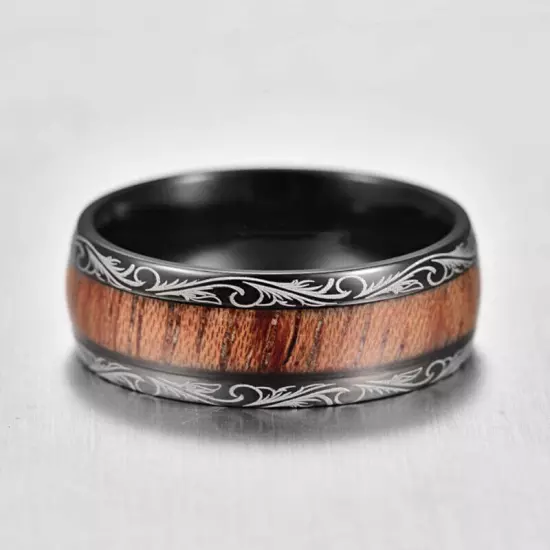 Mens Wood Inlay Stainless Steel Engagement Ring Men's Wedding Band Jewelry Gift^