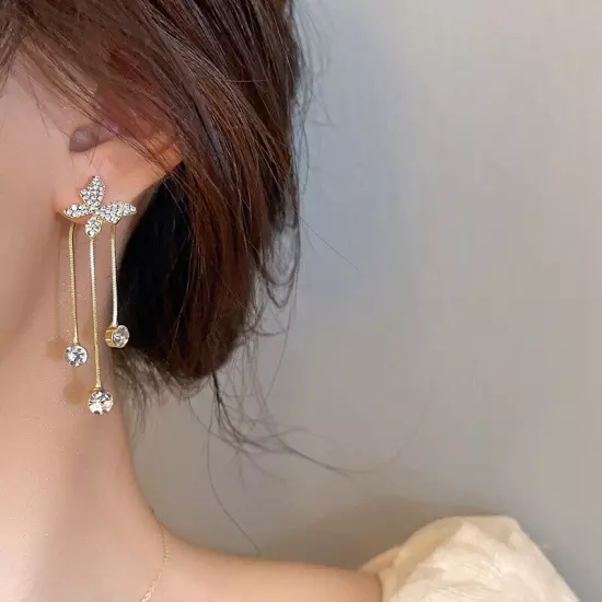 Fashion 18k Gold Plated Crystal Butterfly Tassel Earrings Women's Girl Jewelry