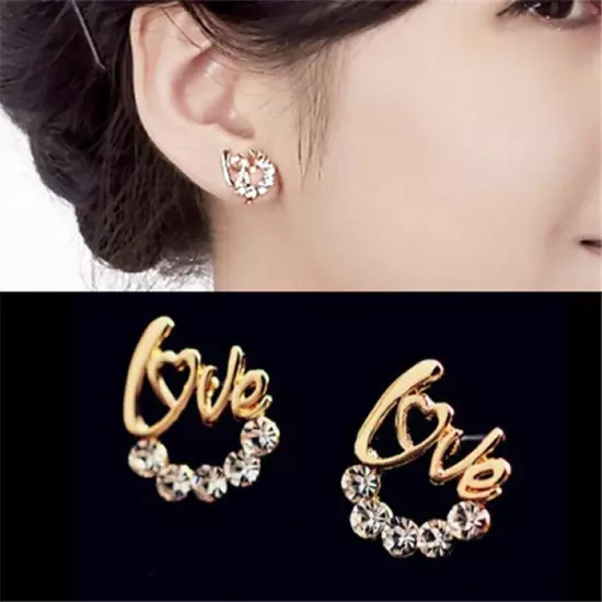 Fashion 18k Gold Plated Crystal Love Letter Stud Earrings Jewellery Womens Girls