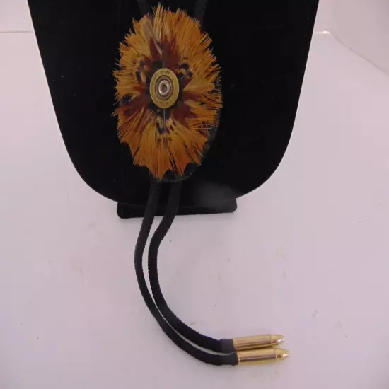 Vintage Men's Bolo Tie Round Shell Casing Feather Motif TU009-12