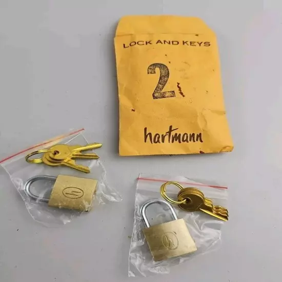 Vintage HARTMANN Brass Luggage Padlock Lock and Key set of 2