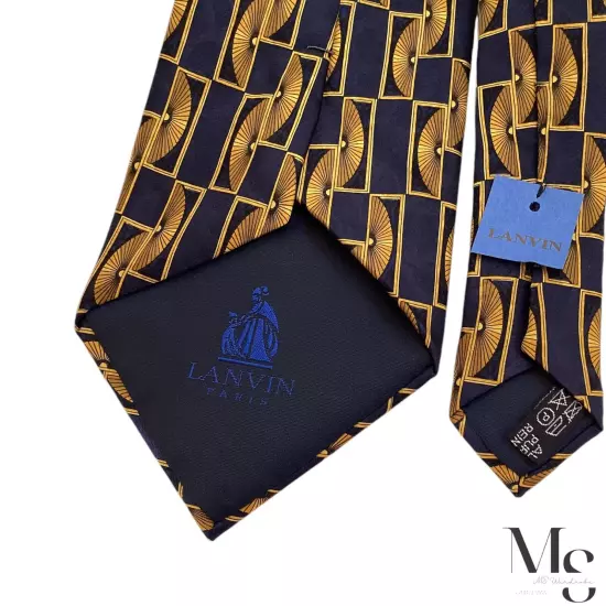 LANVIN PARIS Navy Blue & Gold Geometric Luxury Silk Tie Made In France W:4" NWT