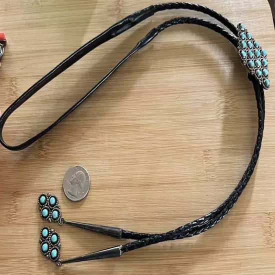 Bernal NATEWA Zuni Snake Eye Cluster Turquoise Sterling Bolo Tie & Matching Tips