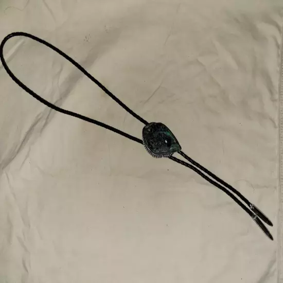  Vintage Natural Malachite and Azurite Ghostface Bolo Tie Silver Tone Tips 1970