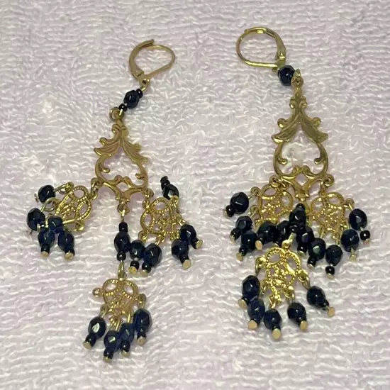 Earrings Dangle Hook Goldtone with Black Beads 3 inches