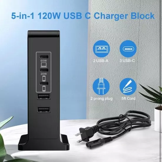 USB C Charger Block, 120W GaN 5 Port PD USB-C and QC USB-A Charging Station