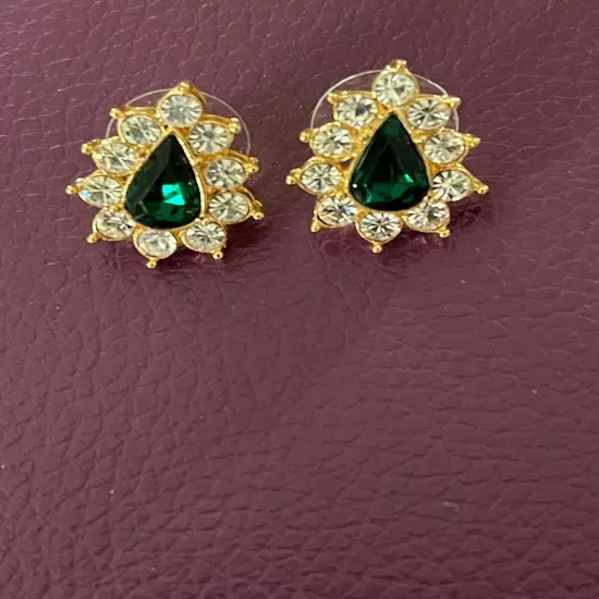 Emerald Green And Clear Pierced Earrings