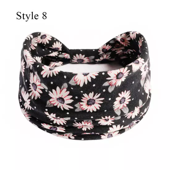 Women Boho Flower Print Wide Headband Vintage Knot Elastic Turban Headwrap *