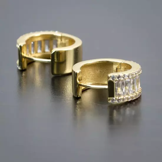 14K Gold Plated Men's Thick 925 Sterling Silver Iced Cz Baguette Hoop Earrings