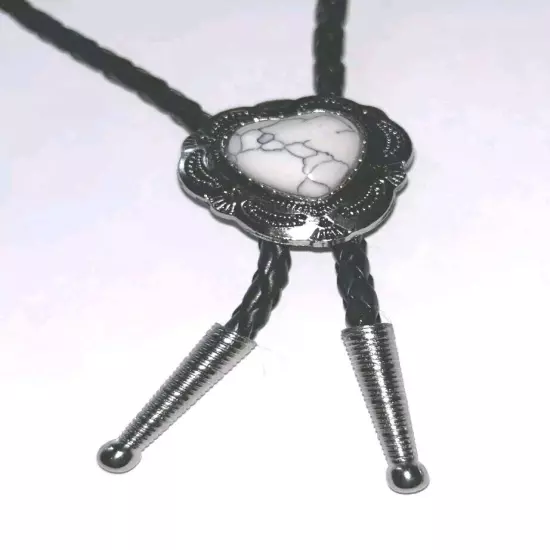 Heart Shape Bolo Tie W/ White Stone 36" 4mm Braided Black Cord, W/Silver Tips