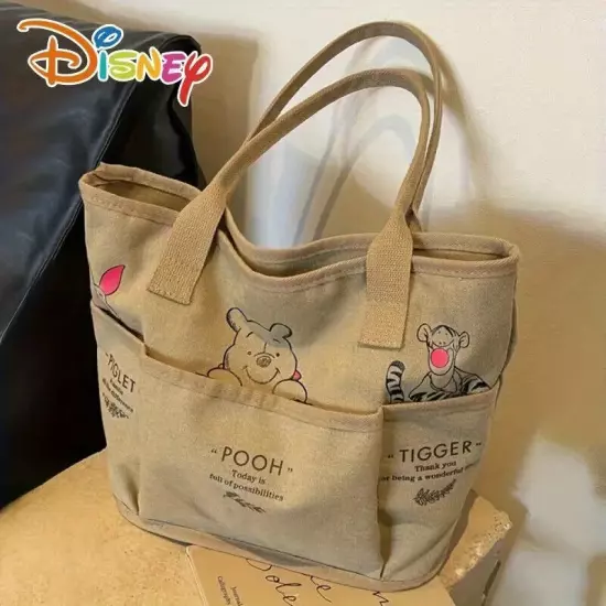 Disney Winnie the Pooh Canvas Purse Handbag Beige Tote Printed Zipper Pockets