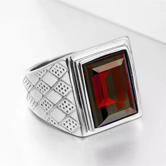 Vintage Men's Red Square CZ Wedding Ring Stainless Steel Classic Signet Ring