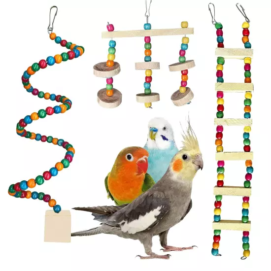 Set of 3 Colored Ladder Hanging Spiral & Chew Toy Budgies Lovebirds, Finches