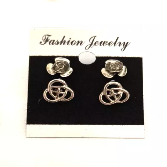 New Fashion Jewelry Women's 2 Pair Stud Earrings Silvertone Roses & Celtic Knots