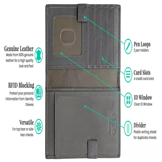 RFID Leather Checkbook Cover With Credit Card Slots and Pen Holder