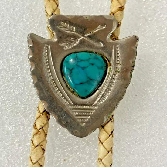 Vintage Turquoise Bolo Tie Arrowhead Western Tan Braided Cord Silver Tone 16 in