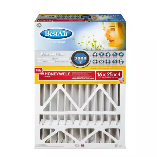 BestAir HW1625-13R 13 MERV Pleated Air Filter 25 W x 16 H x 4 D in. (Case of 3)