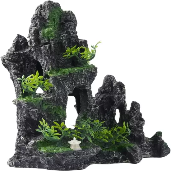 Mountain View Aquarium Ornament with Tree House Cave Bridge Resin