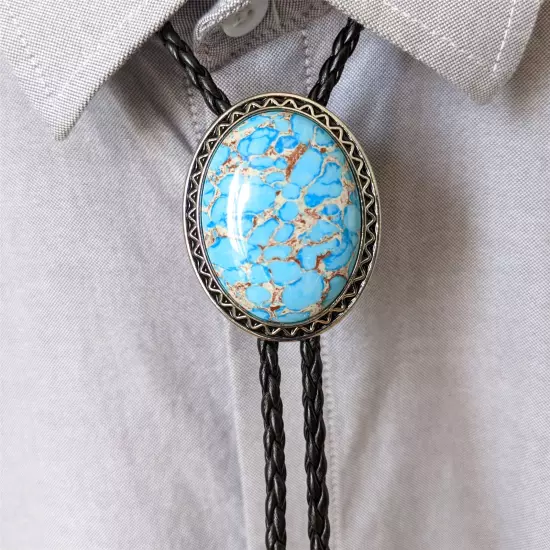 Blue Crazy Agate Bolo Tie Necklace Wedding for Men Women Western Cowboy Necktie