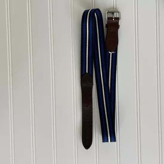 Ralph Lauren Polo Belt Blue Striped Cotton Canvas Leather Trim Buckle Size 34 35