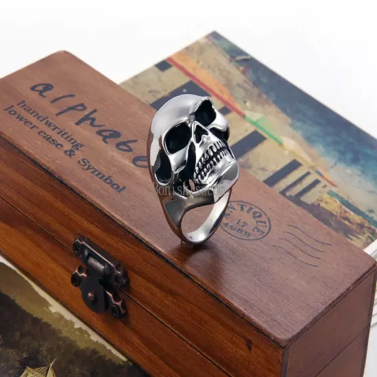 Heavy Gothic Skull Biker Stainless Steel Men's Ring High Polish Halloween Gift