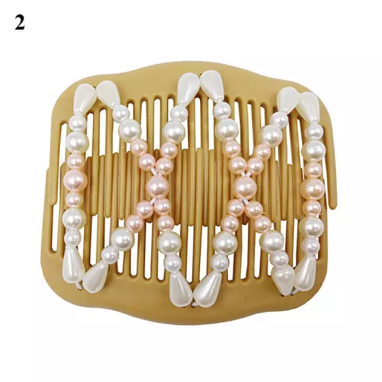 Womens Magic Slide Hair Elastic Double Beads Easy Stretchy Hair Comb Clips Pins│