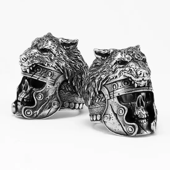 Gladiator Wolf warrior Skull Spartan Helmet Silver Punk Mens Viking Biker Ring