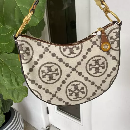 Tory Burch Ivory T Monogram Small Crescent Bag Shoulder Purse Crossbody $598