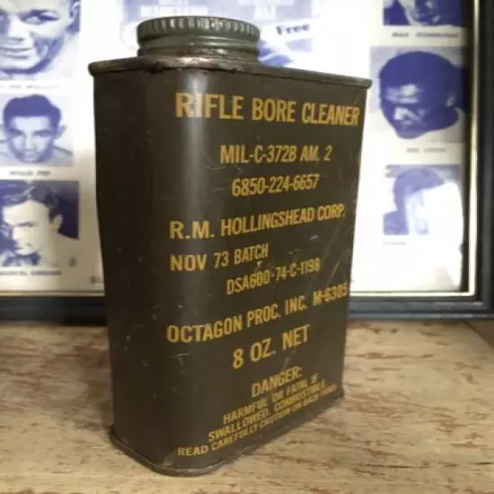 Vintage Rifle Bore Cleaning Oil Hollingshead 1973 US Army Military Tin Can Gun