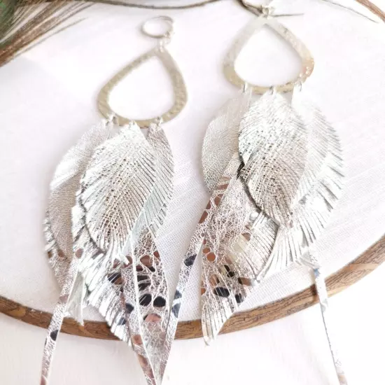 silver extra long leather feather earrings shine silver feather earrings