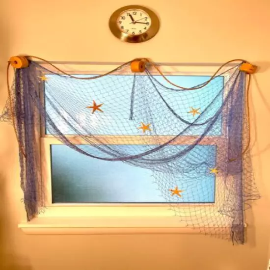 Authentic Fishing Net With Floats, Rope Starfish Window Treatment 15' x 8'