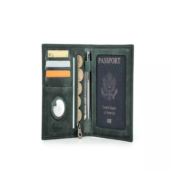 Genuine Leather RFID Coin Pen Passport Holder Bag Wallet AirTag Card Slot Travel