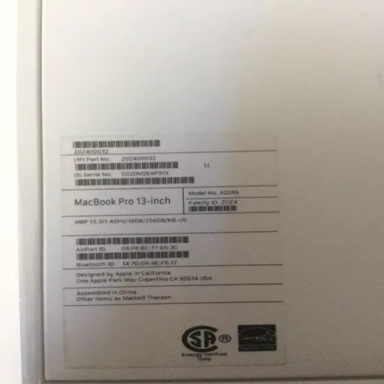 MacBook Pro 13-Inch Model No.A2289 (Empty Box Only)