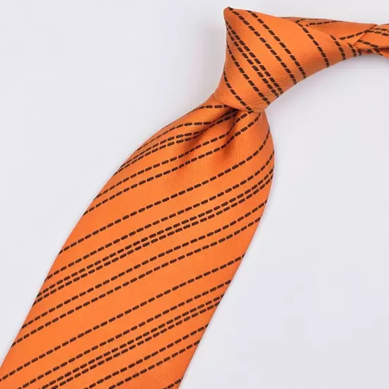 HERMES TIE 5114 HA Brown Dash Striped on Orange Silk Necktie