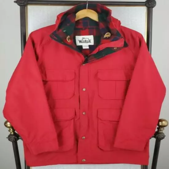 VTG WOOLRICH Size Medium Womens USA Made Red Wool Lined Hooded Field Jacket Coat