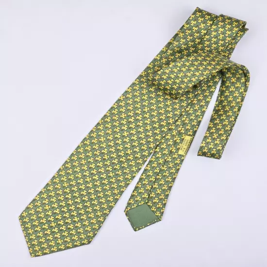 HERMES TIE 5005 EA Lucky Clover on Light Green Silk Necktie