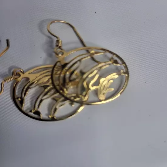 Dolphin Earrings French Hook Gold Tone Open Metal Work Drop Dangle