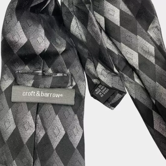 Croft & Barrow Black Gray Geometric Diamond Pattern Silk Necktie Tie 3.8" x 58"