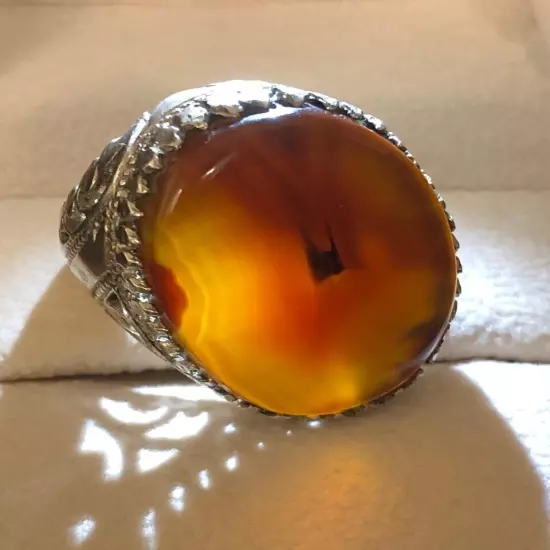 Agate Ring Men Silver 925,Yemen,Aqeeq,,Rare,Royal,خاتم عقيق يمني كبدي مصور فحل