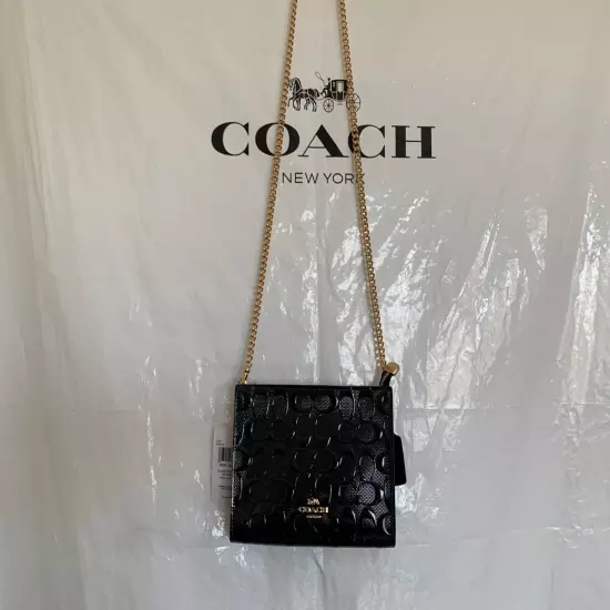 NWT COACH CV407 Slim Crossbody Bag in Signature Patent Leather Black