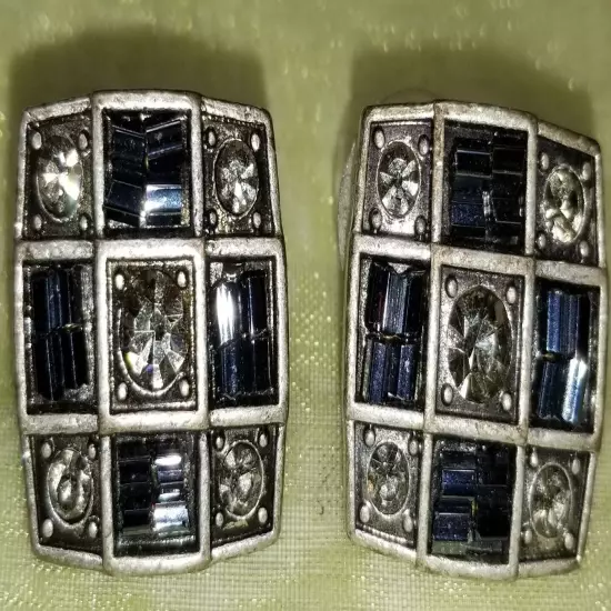 Lovely Square Crystal and Silvertone Checkerboard Pierced Earrings 