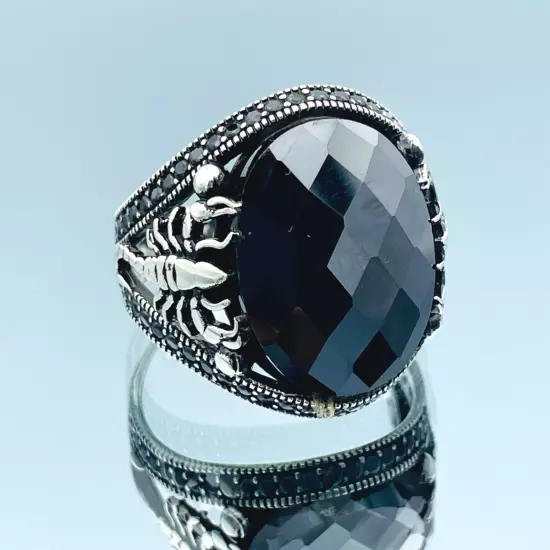 Scorpion Detailed Black Zircon Gemstone 925 Sterling Silver Men's Ring, All Size