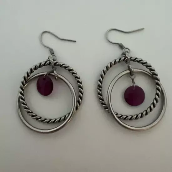 Lia Sophia “Raspberry Splash” Silver Tone Dangle Earrings w/Glass Pink Bead