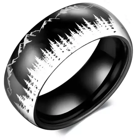 Wolf In The Forest Outdoor Pattern Men's Ring, Black Silvery Color Stainless Ste