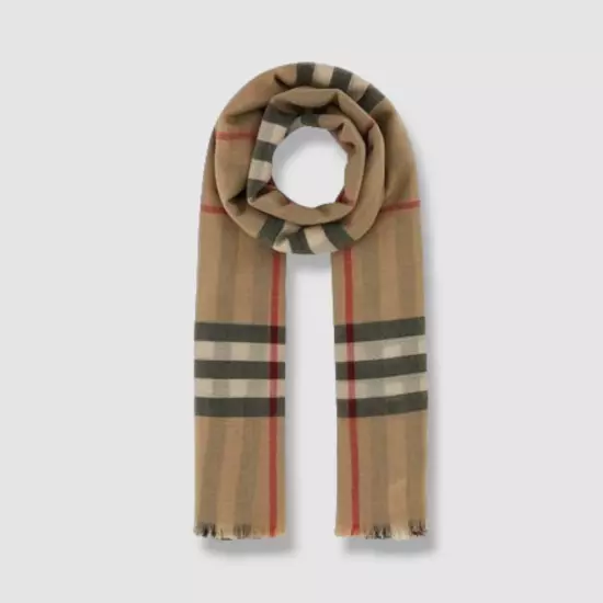 $490 Burberry Unisex Beige Wool Check Fringed Lightweight Scarf