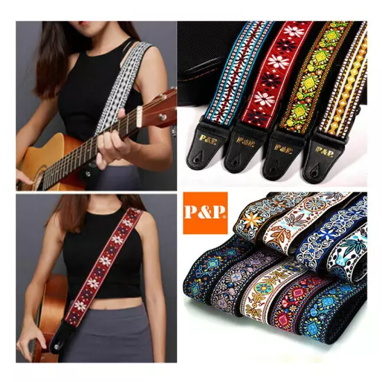 Guitar Bass Belt Embroidered Guitar Strap Leather End for Bass/Acoustic/Electric