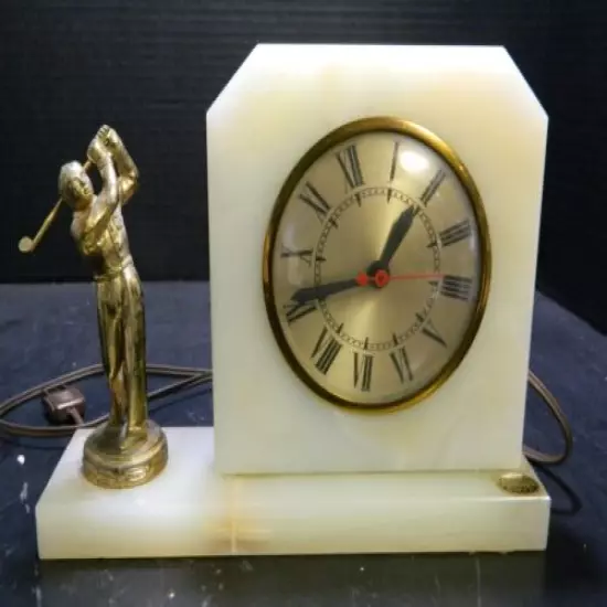 Vintage White Onyx Golf Trophy Clock (Sessions) 7" x 9.75" x 2.5'" Working Excel